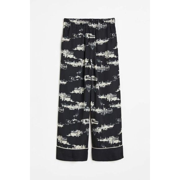 H&M EUC Patterned Satin Effect Set Shirt Pants Pajama Printed Navy White Size S - Picture 5 of 12